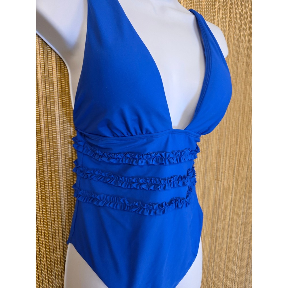 Mimi Flamingo Blue Ruffle Tiered V-Neck One Piece Swimsuit NWT Size 8 Cobalt